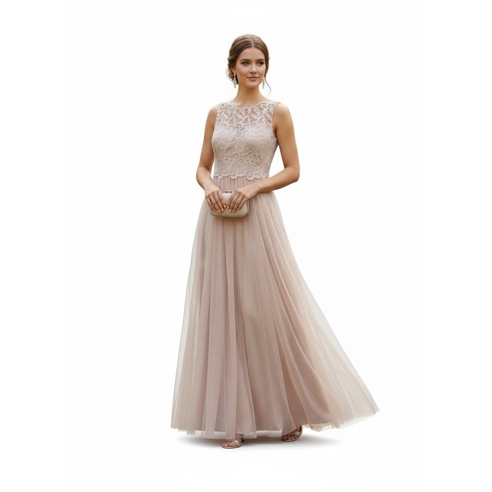Morgan & Co Formal Gown Dress 5/6 Pink Gold Lace Tulle Satin Maxi Prom Evening